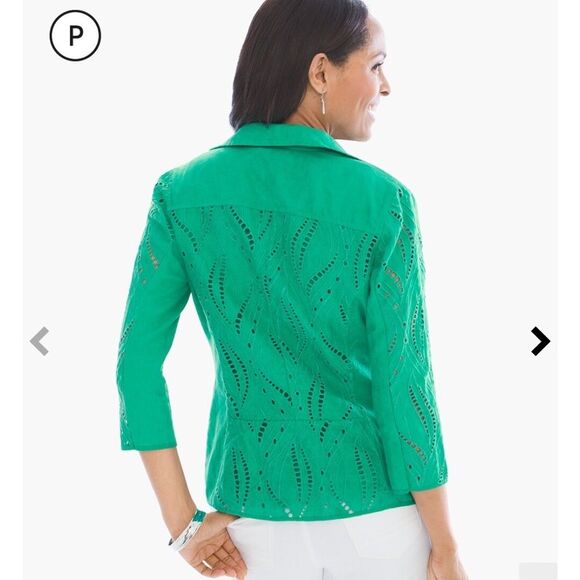 Chico’s green eyelet linen lightweight 3/4 sleeve zip up jacket - Picture 4 of 14